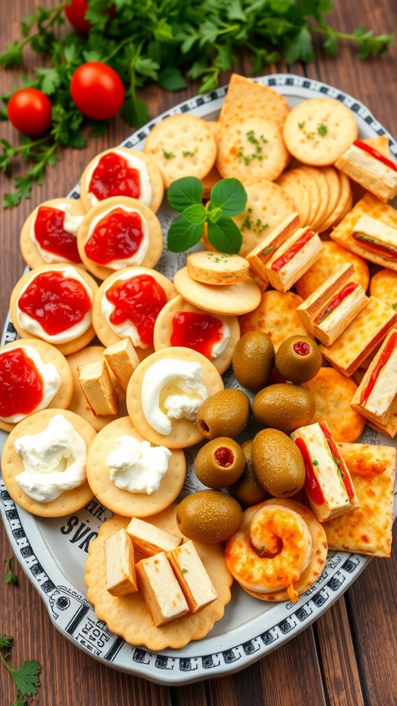 A colorful platter of 3-ingredient appetizers including crackers with cream cheese and jam, mini tortillas with cheese and shrimp, stuffed olives, and bell pepper bites.